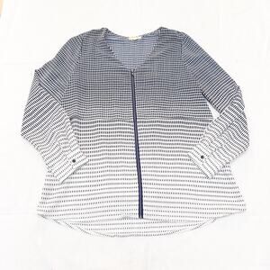 Pleione Grid Patterned Blue Zip Top Long Sleeve Blouse Size Medium